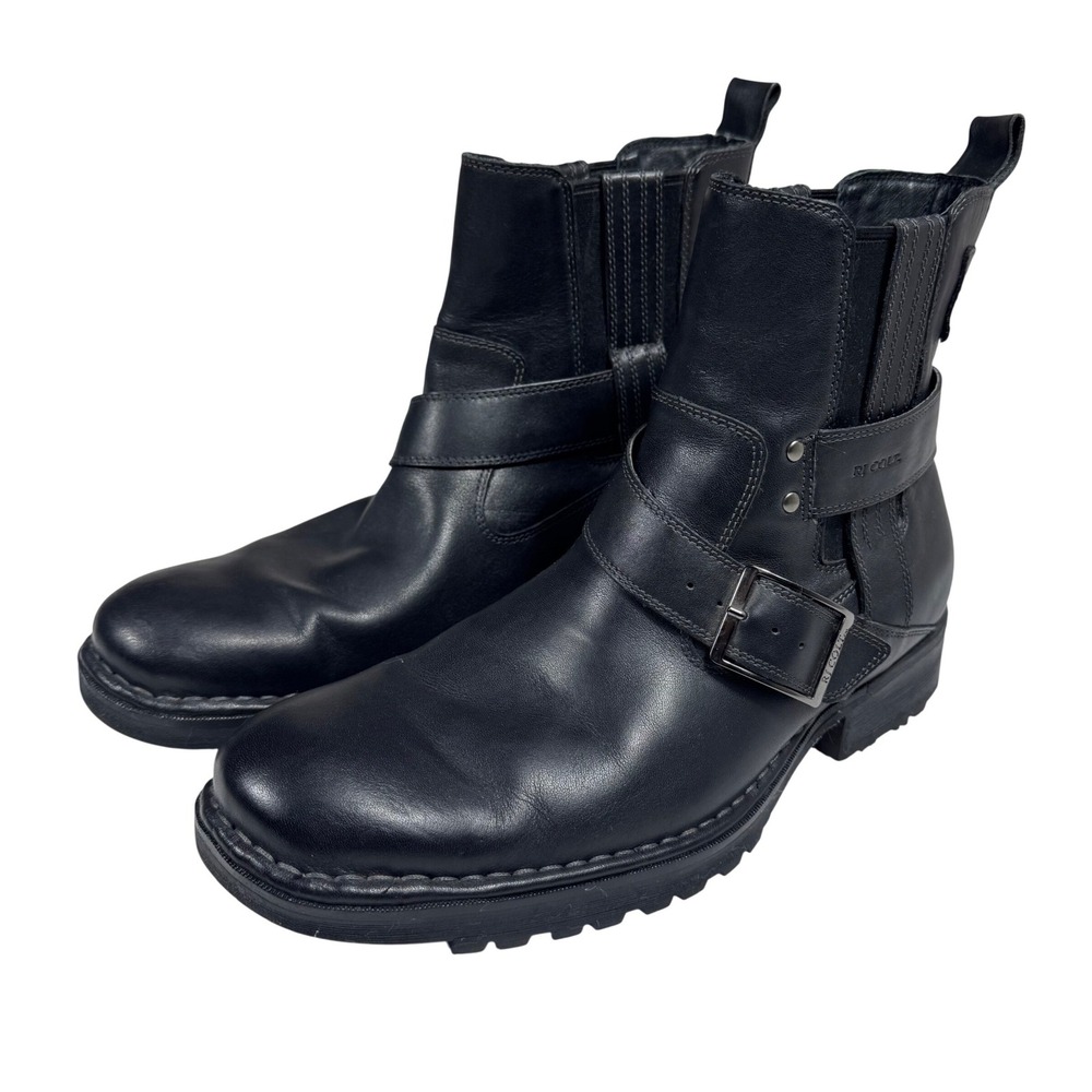 RJ Colt Maxwell Men's 10M Black Leather Biker Strap Buckle Boots Lug Sole Moto